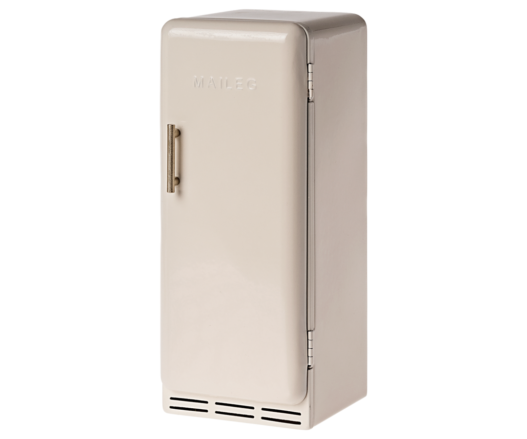 Off-white refrigerator with vertical bronze-colored handle.