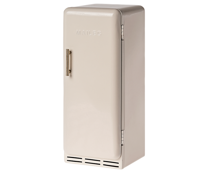 Off-white refrigerator with vertical bronze-colored handle.