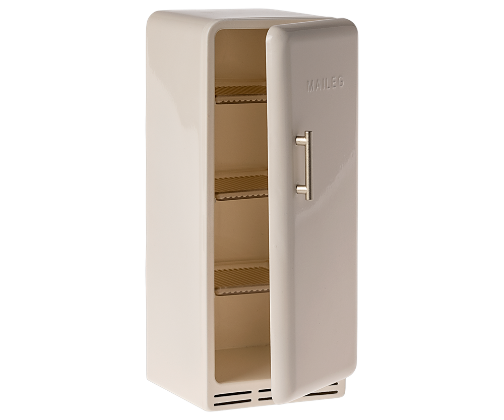 Off-white refrigerator with door ajar showing three shelves.