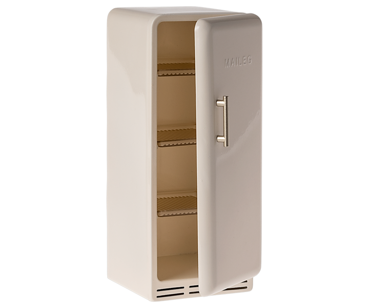 Off-white refrigerator with door ajar showing three shelves.