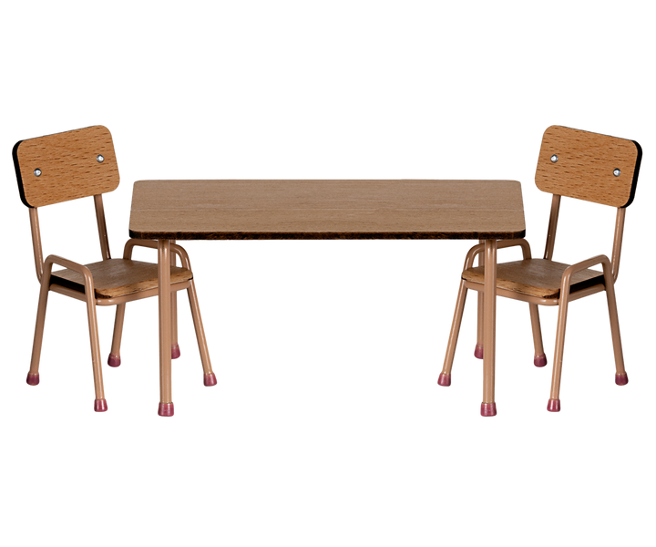 Table and two chairs with wood tops and seats, and metal legs.