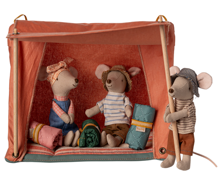 Brother and sister mice inside the tent with their sleeping bags.