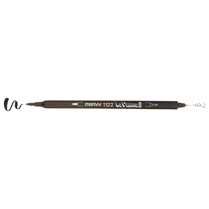 Black LePlume II pen oriented horizontally with caps removed to show the weight of each stroke: heavy on the left and light on the right.