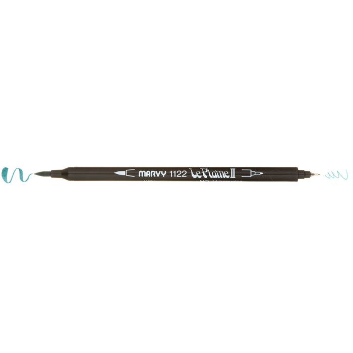Turquoise LePlume II pen oriented horizontally with caps removed to show the weight of each stroke: heavy on the left and light on the right.