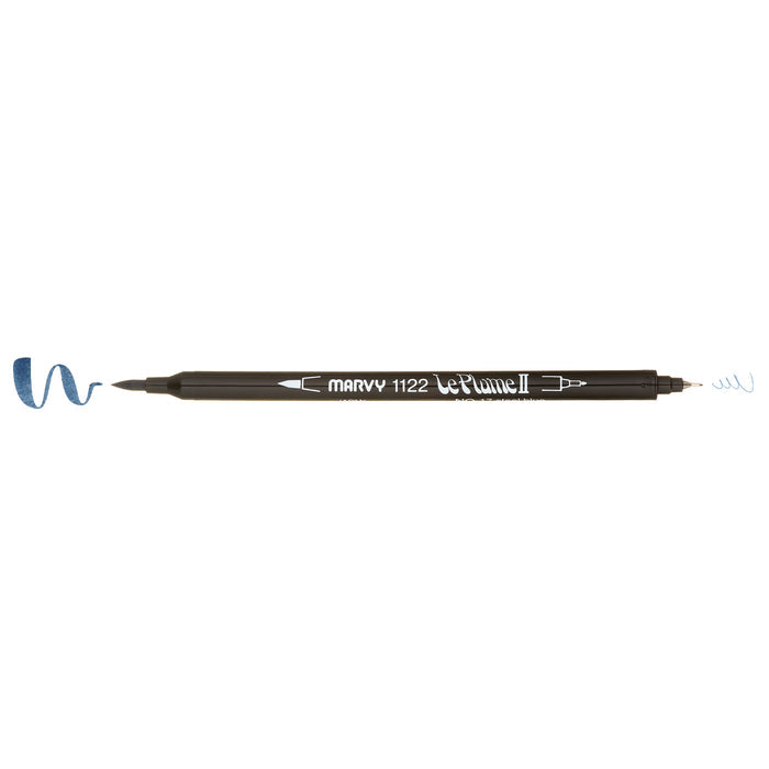 Turquoise LePlume II pen oriented horizontally with caps removed to show the weight of each stroke: heavy on the left and light on the right.