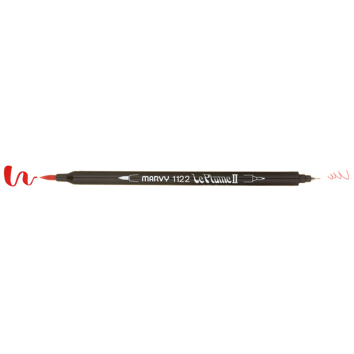 Red LePlume II pen oriented horizontally with caps removed to show the weight of each stroke: heavy on the left and light on the right.