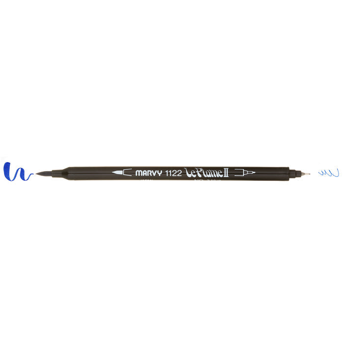 Blue LePlume II pen oriented horizontally with caps removed to show the weight of each stroke: heavy on the left and light on the right.