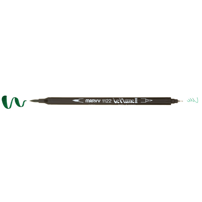 Green LePlume II pen oriented horizontally with caps removed to show the weight of each stroke: heavy on the left and light on the right.