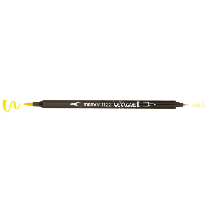 Yellow LePlume II pen oriented horizontally with caps removed to show the weight of each stroke: heavy on the left and light on the right.