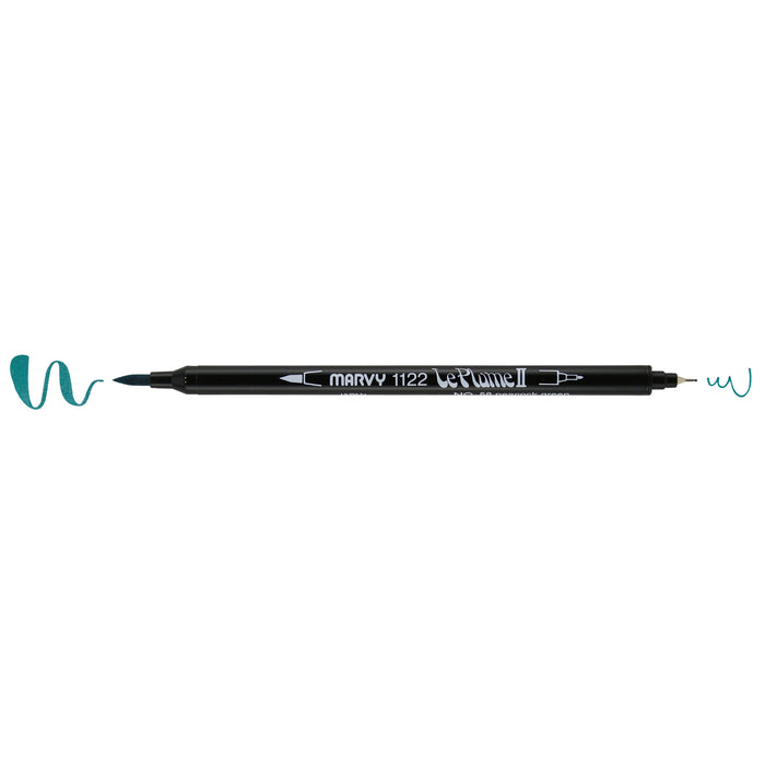 Peacock Green LePlume II pen oriented horizontally with caps removed to show the weight of each stroke: heavy on the left and light on the right.