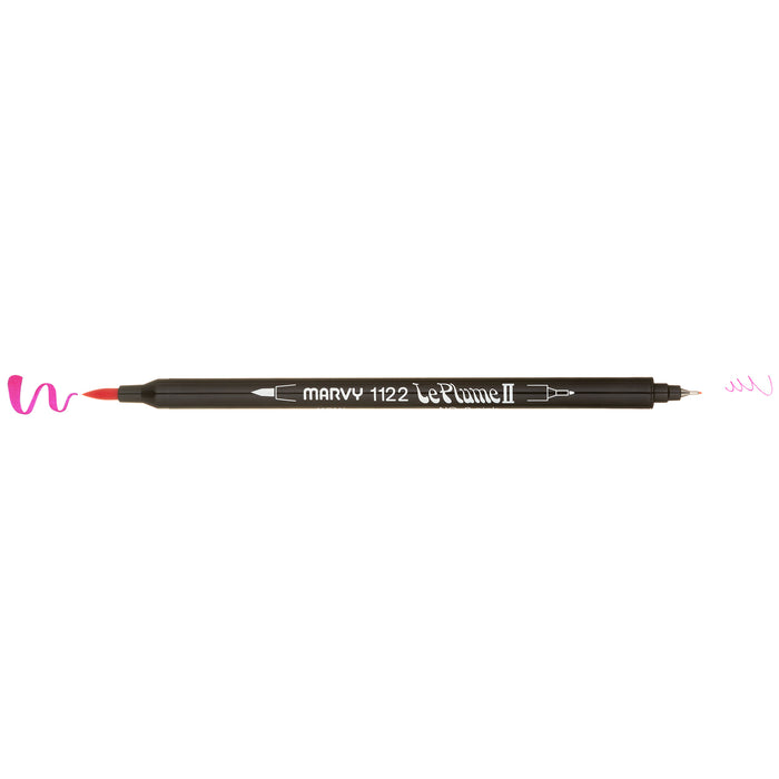 Pink LePlume II pen oriented horizontally with caps removed to show the weight of each stroke: heavy on the left and light on the right.