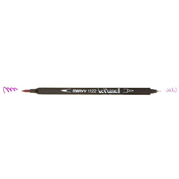 Magenta LePlume II pen oriented horizontally with caps removed to show the weight of each stroke: heavy on the left and light on the right.