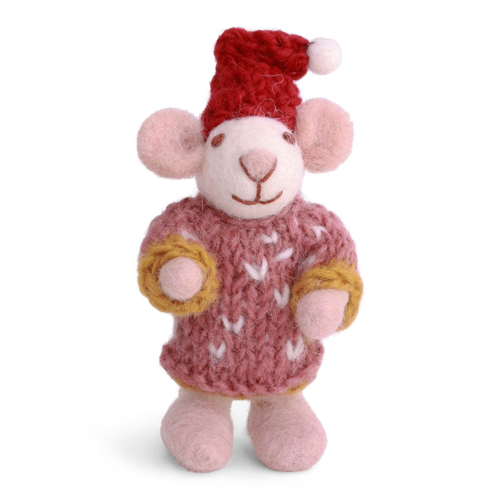 Felted mouse with pink ears, hands and feet and a white face, wearing a red hat with white pom, a pink knitted sweater with white heart pattern and yellow cuffs. 