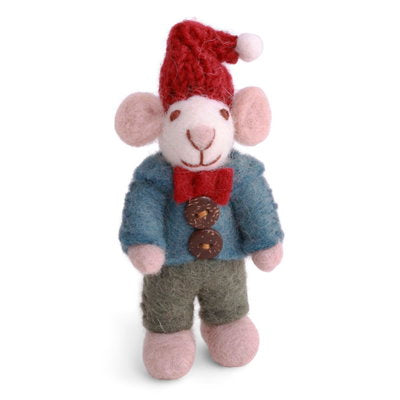 A felted wool mouse doll dressed in a blue jacket, brown buttons, a red bow tie, and a red Santa hat, standing against a plain white background.