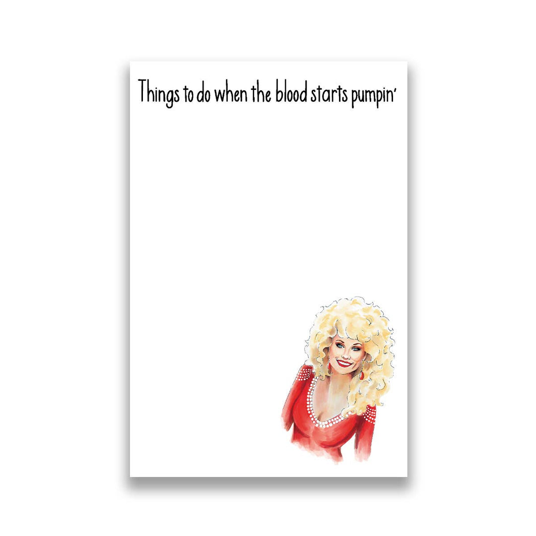 Black text at top and a drawing of Dolly Parton in the lower right corner, wearing a red top and big blond hair.