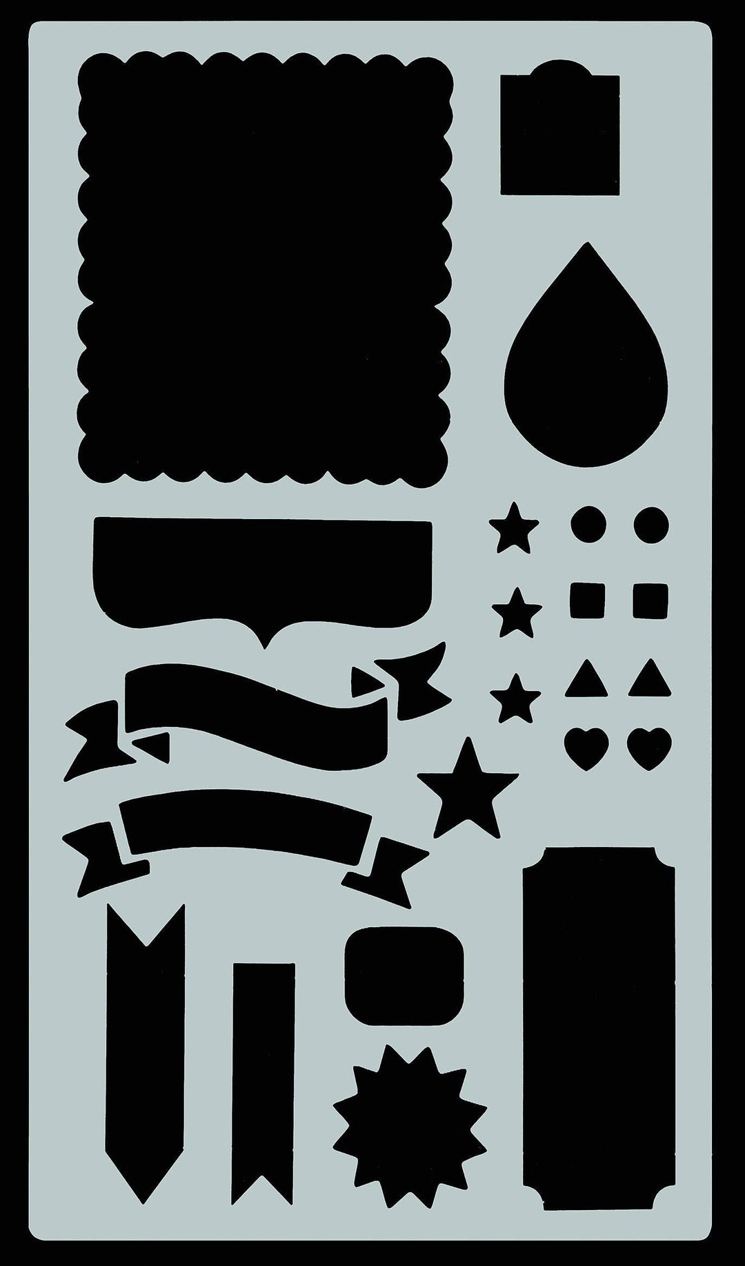 Stencils of labels, borders, and small objects.