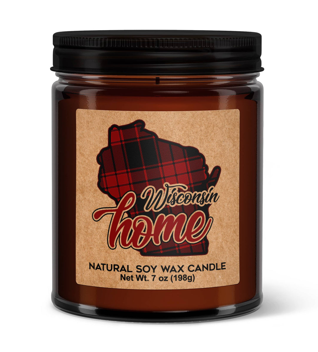 Candle jar with 'Wisconsin Home' text in script over an outline of the state in buffalo plaid.