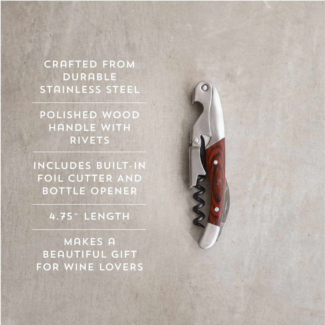 Information for waiter's corkscrew: Crafted from durable stainless steel; polished wood handle with rivets; includes built-in foil cutter and bottle opener; 4.75 inch length; makes a beautiful gift for wine lovers.