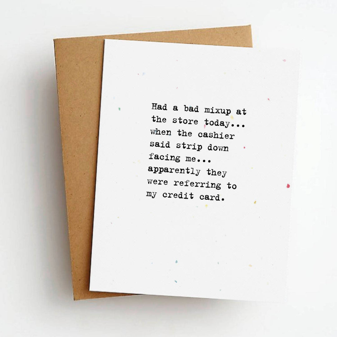 Black text in a serif font on a lightly speckled off-white card.