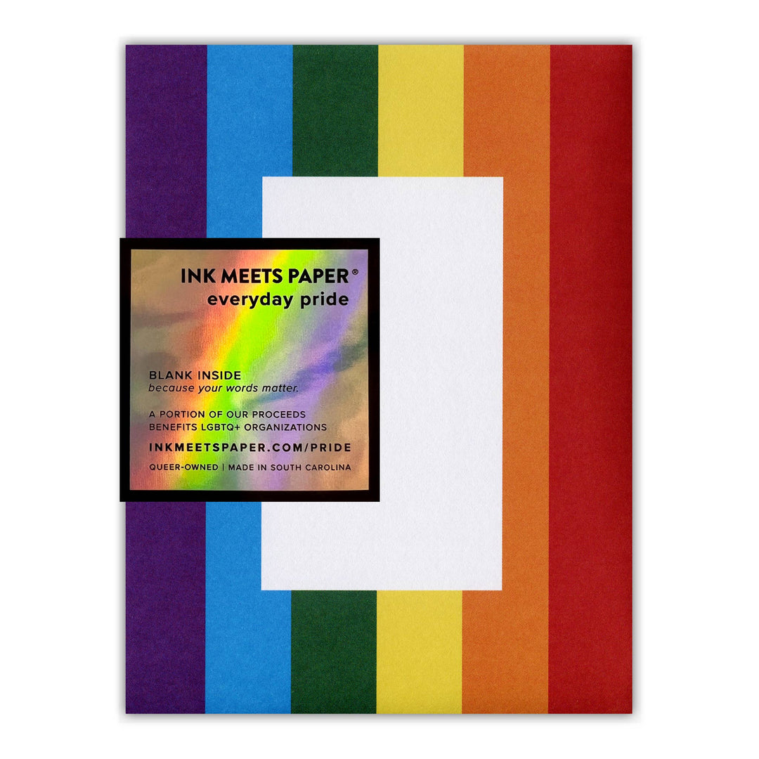 Rainbow envelope with label reading: Ink Meets Paper everyday pride BLANK INSIDE because your words matter A PORTION oF OUR PROCEEDS BENEFITS LGBTQ+ ORGANIZATIONS