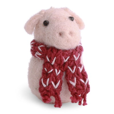 A pink felt pig toy wearing a red and white knitted scarf, photographed against a clean white background.