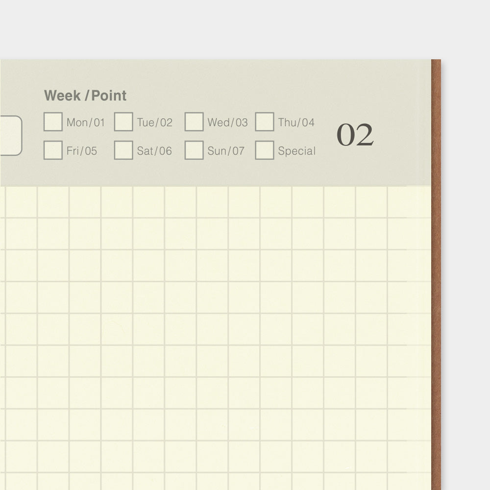 Close up of a page in the diary, with checkboxes to indicate the day above a grid for notes.