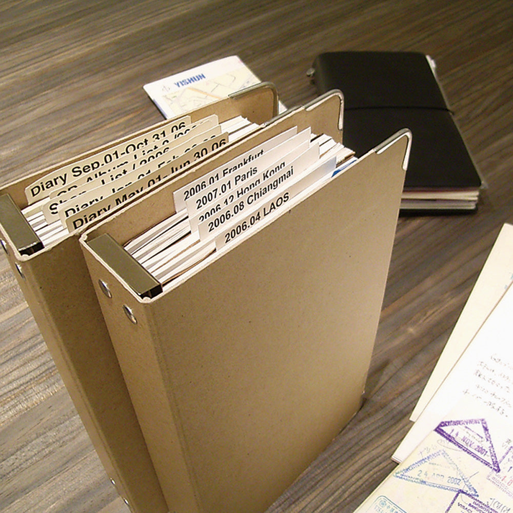 View from top to show a sample of stored notebooks in two binders, one for travel and one for diaries, with labels identifying each notebook.