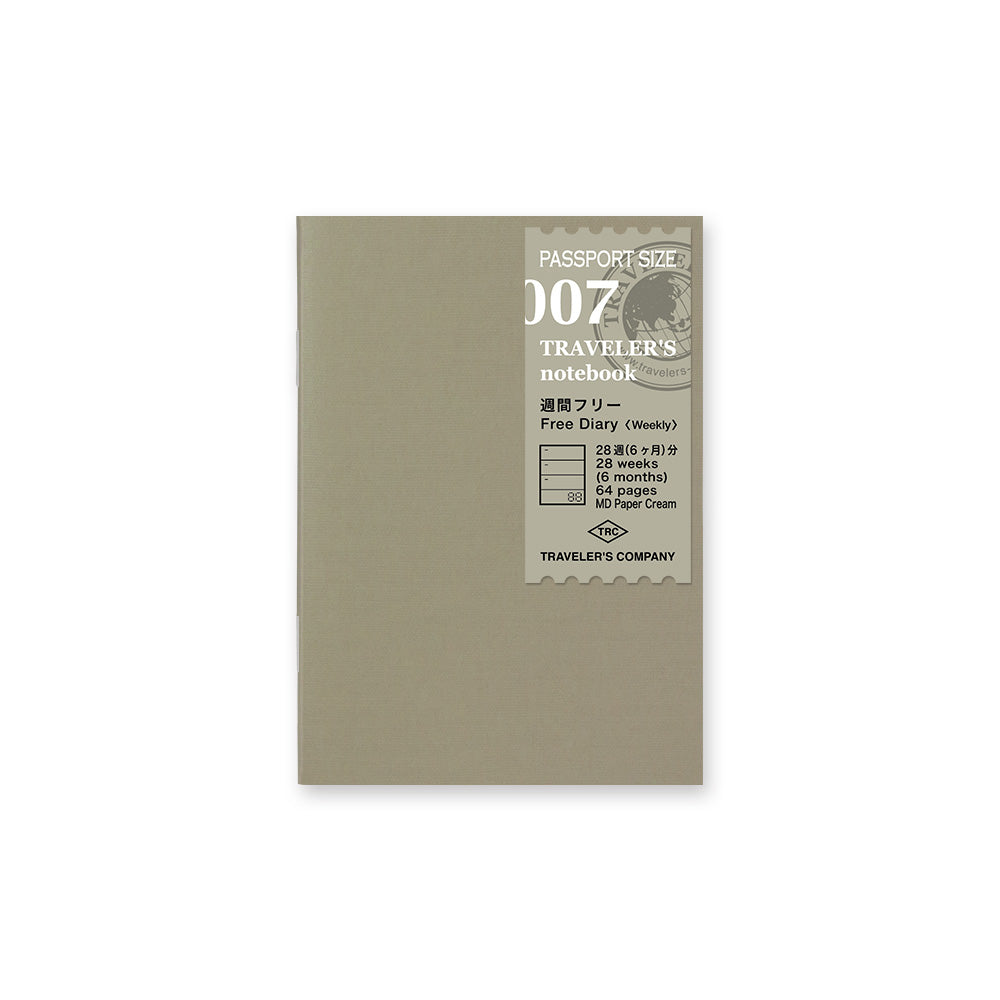 Passport-sized 007 28-week undated diary insert, with an olive green cover and light olive green label.