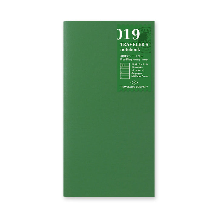 Regular-size Traveler's 019 undated weekly plus memo diary with green cover and label.