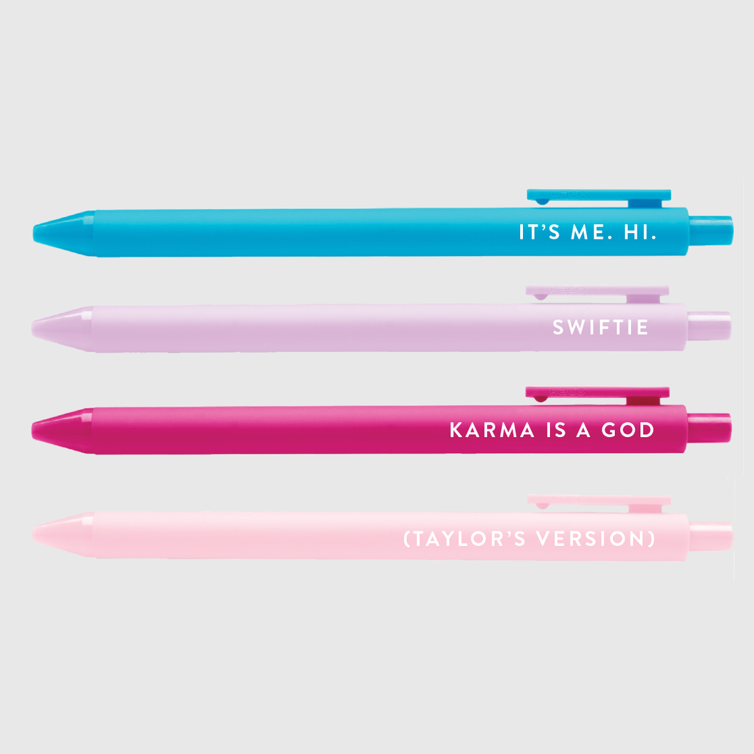 The four pens in the set displayed horizontally: sky blue, lavender, dark pink, light pink, all with white text.
