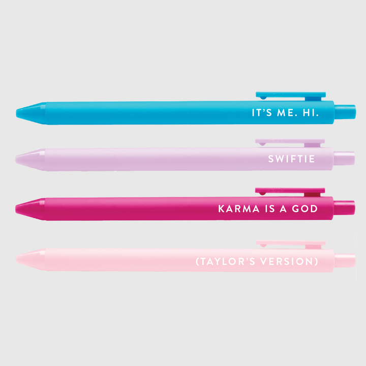 The four pens in the set displayed horizontally: sky blue, lavender, dark pink, light pink, all with white text.
