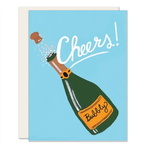 Greeting card with the word Cheers and and image of a champagne bottle labeled Bubbly 