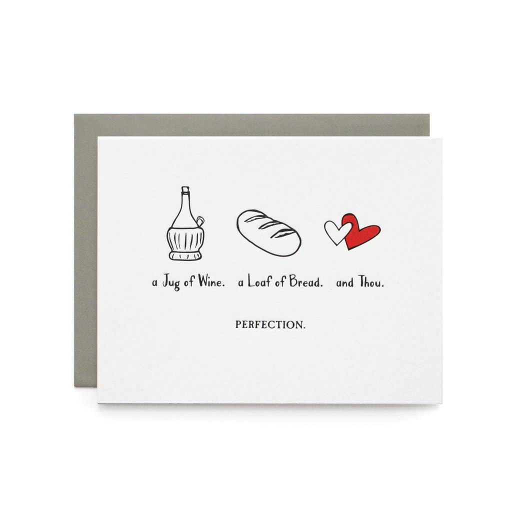 Images of a bottle of chianti, a baguette and two entwined hearts over the text in black on white cardstock.