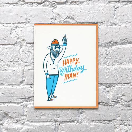 Drawing of a bearded man in sunglasses wearing a hat and holding a lit lighter with text 'Happy Birthday Man!'