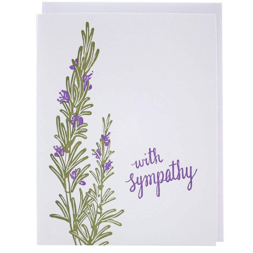 Drawing of two lavender sprigs next to the text 'with sympathy' 