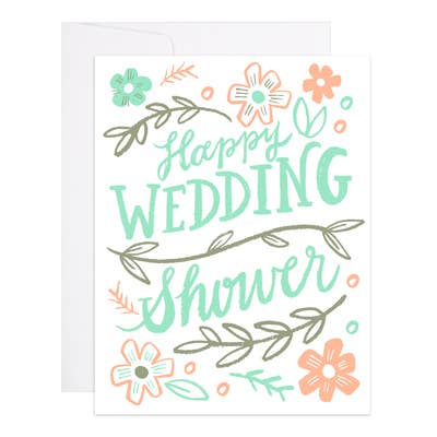 Aqua and light orange flowers and branches with aqua text on white cardstock