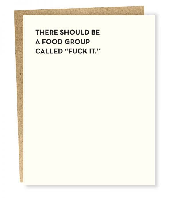 Front of card with black text in a sans serif font and capital letters on an ecru background.