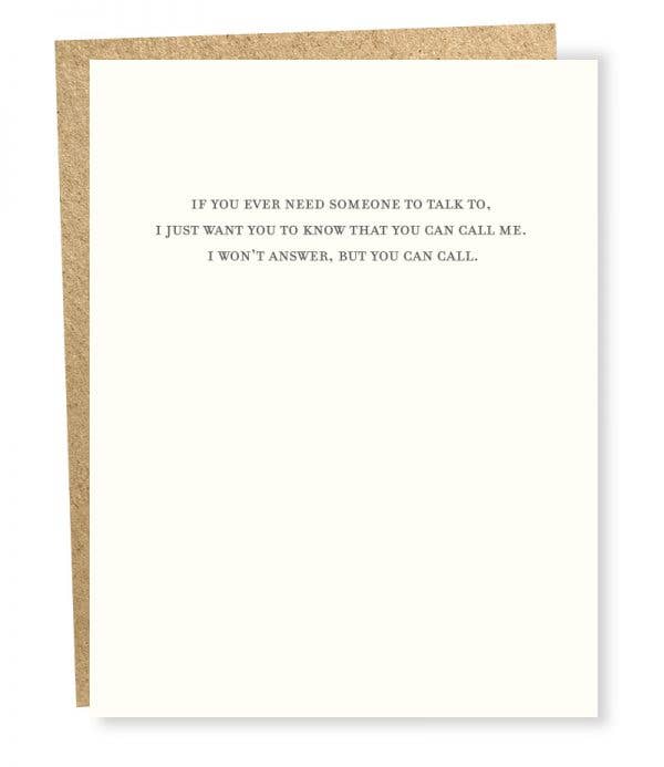 Front of card with black text in a serif font and capital letters on an ecru background.