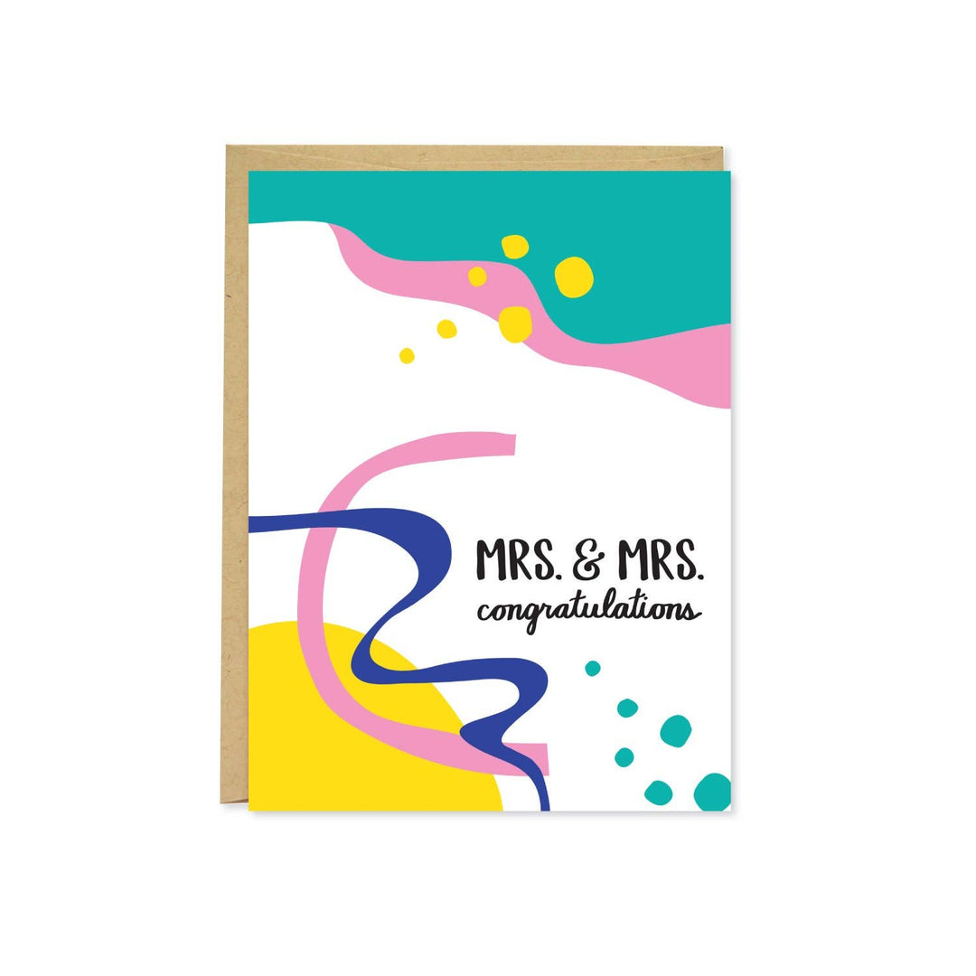 Colorful abstract design and 'Mrs. & Mrs. Congratulations' text.