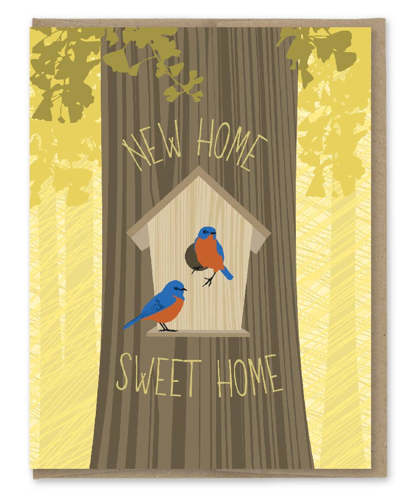Front of card with drawing of bluebirds in a birdhouse on a tree trunk.