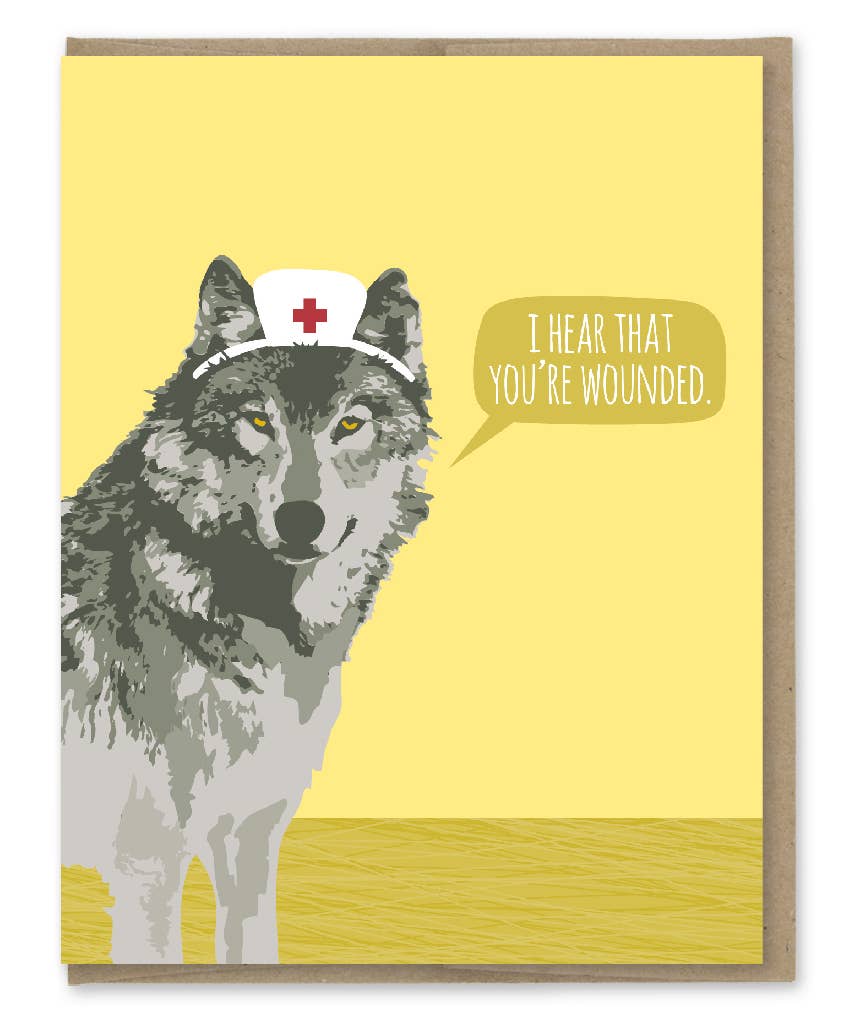 Gray wolf in a nurse's cap on yellow background.