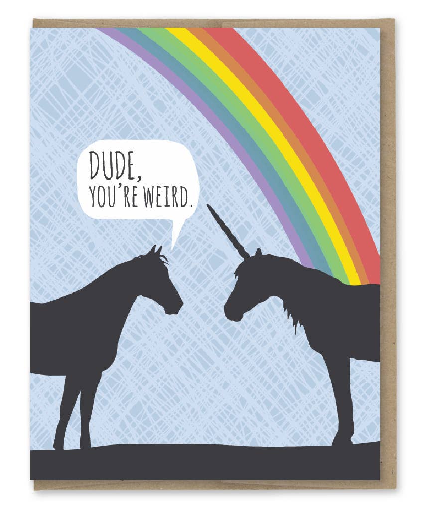 Silhouette of a horse commenting to a unicorn on its strangeness, under a brilliant rainbow