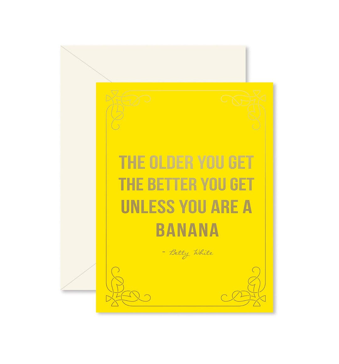 Front of card with humorous quote from Betty White and decorative elements on a yellow background.