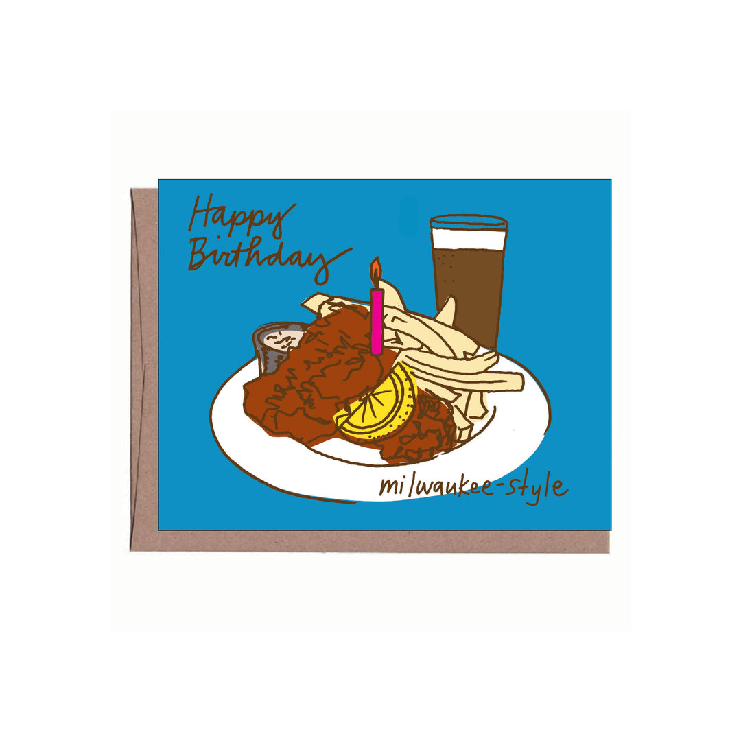 A birthday card with a blue background and an illustrated plate of Milwaukee-style food, including a drink, fries, and a single pink candle. The card reads 'Happy Birthday' and 'milwaukee-style.