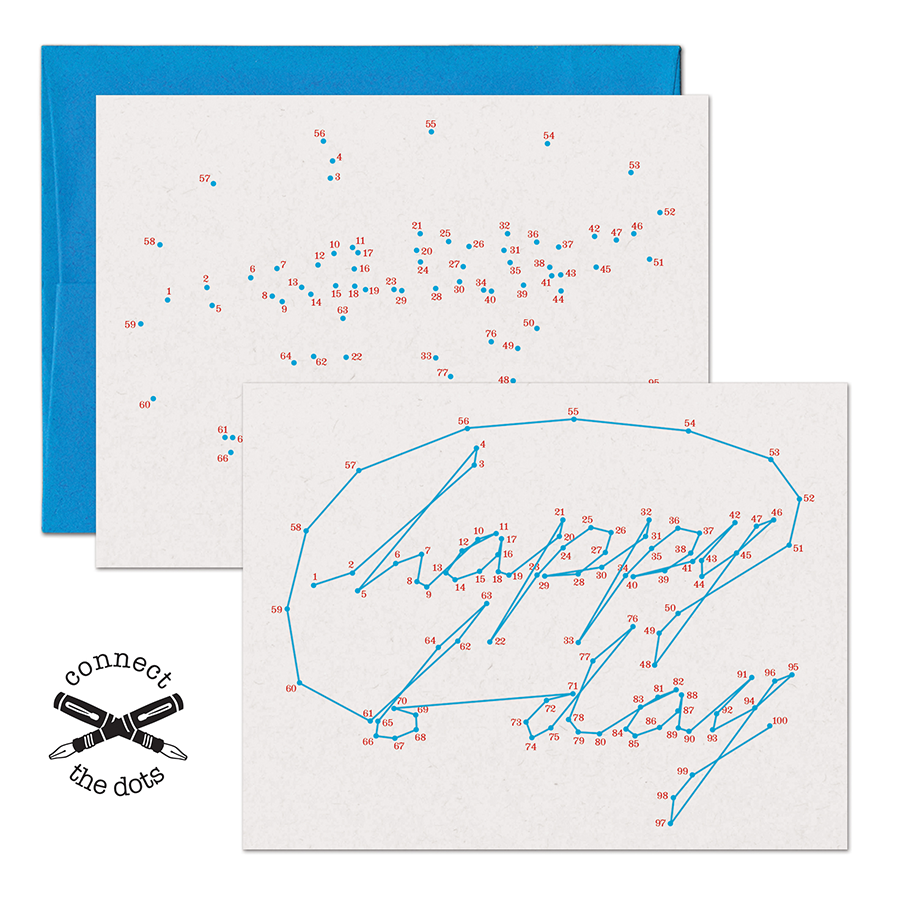 Two cards, one with a 'connect the dots' text on a white background, the second shows the connected dots, spelling out "fuck bday" in a cursive text.
