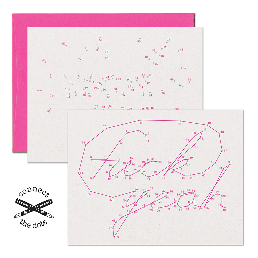 Two cards, one with a 'connect the dots' text on a white background, the second shows the connected dots, spelling out "fuck yeah" in a cursive text.