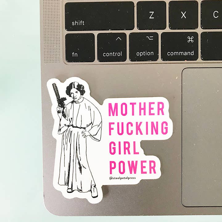 Princess Leia looking fierce and holding an A47 next to the text in pink.