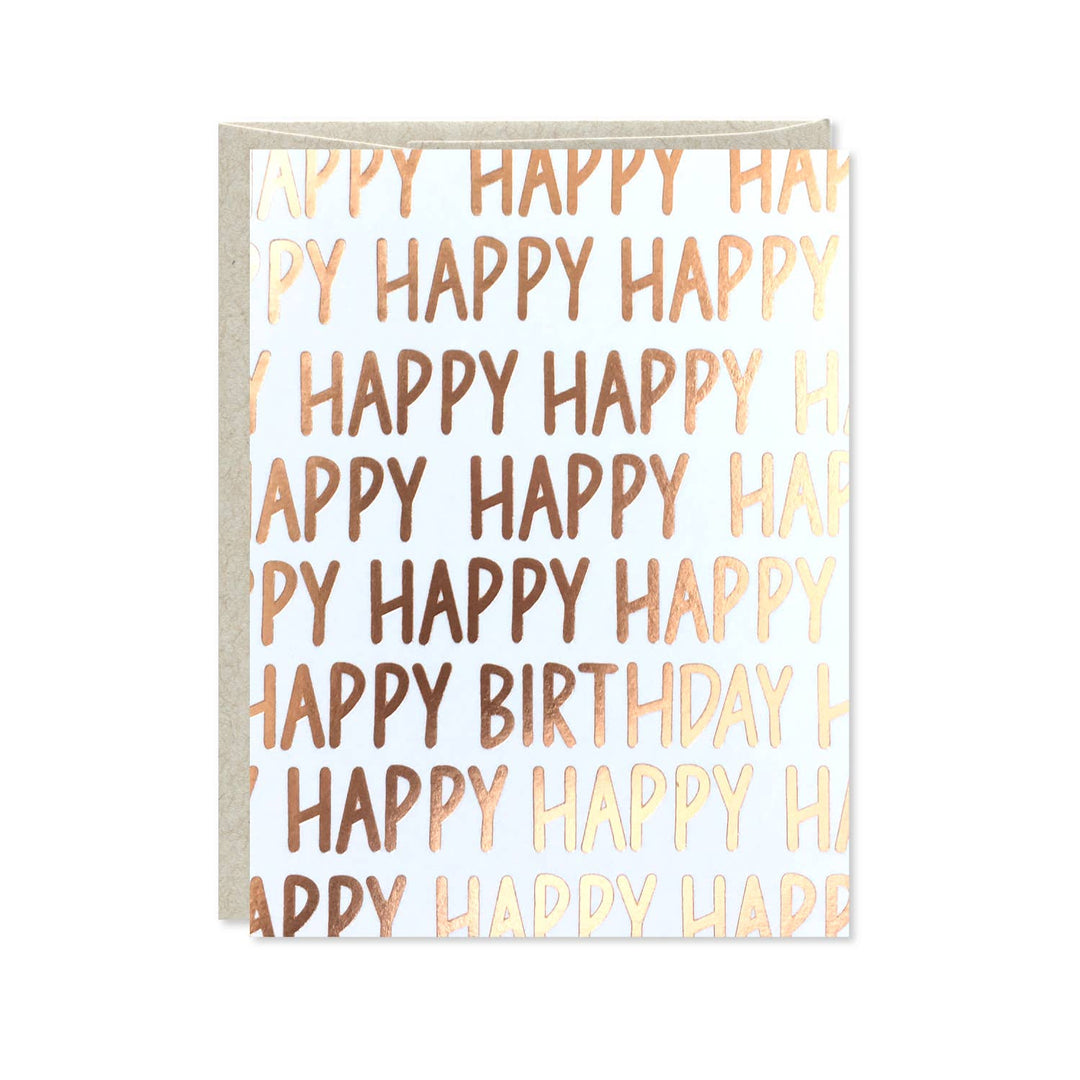 'Happy' text in gold repeated from top to bottom, with 'Birthday' written once.