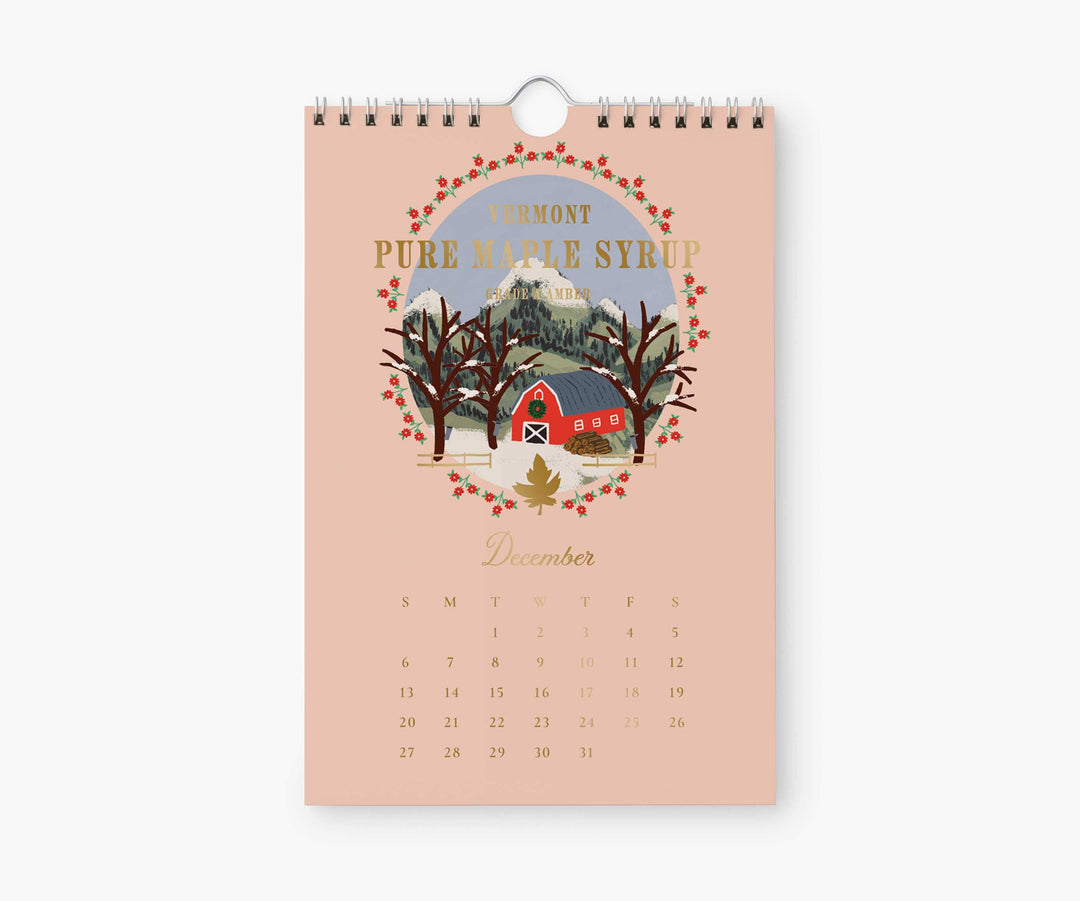 Calendar page for December with illustration for maple syrup with a red barn in a winter scene, above the calendar for December, 2026.