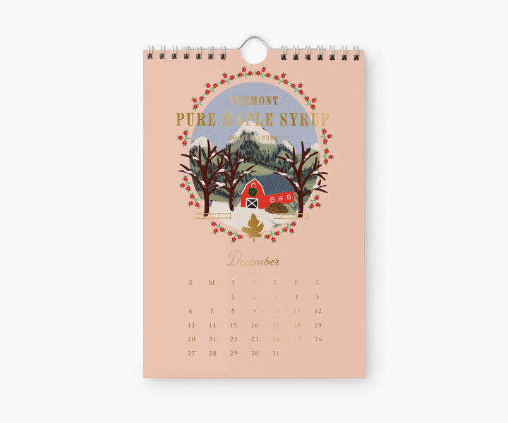 Calendar page for December with illustration for maple syrup with a red barn in a winter scene, above the calendar for December, 2026.